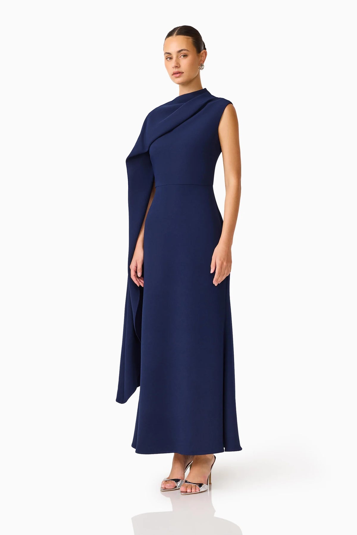 ELLIATT | Leonara Asymmetric Cape Maxi Dress in Deep Navy