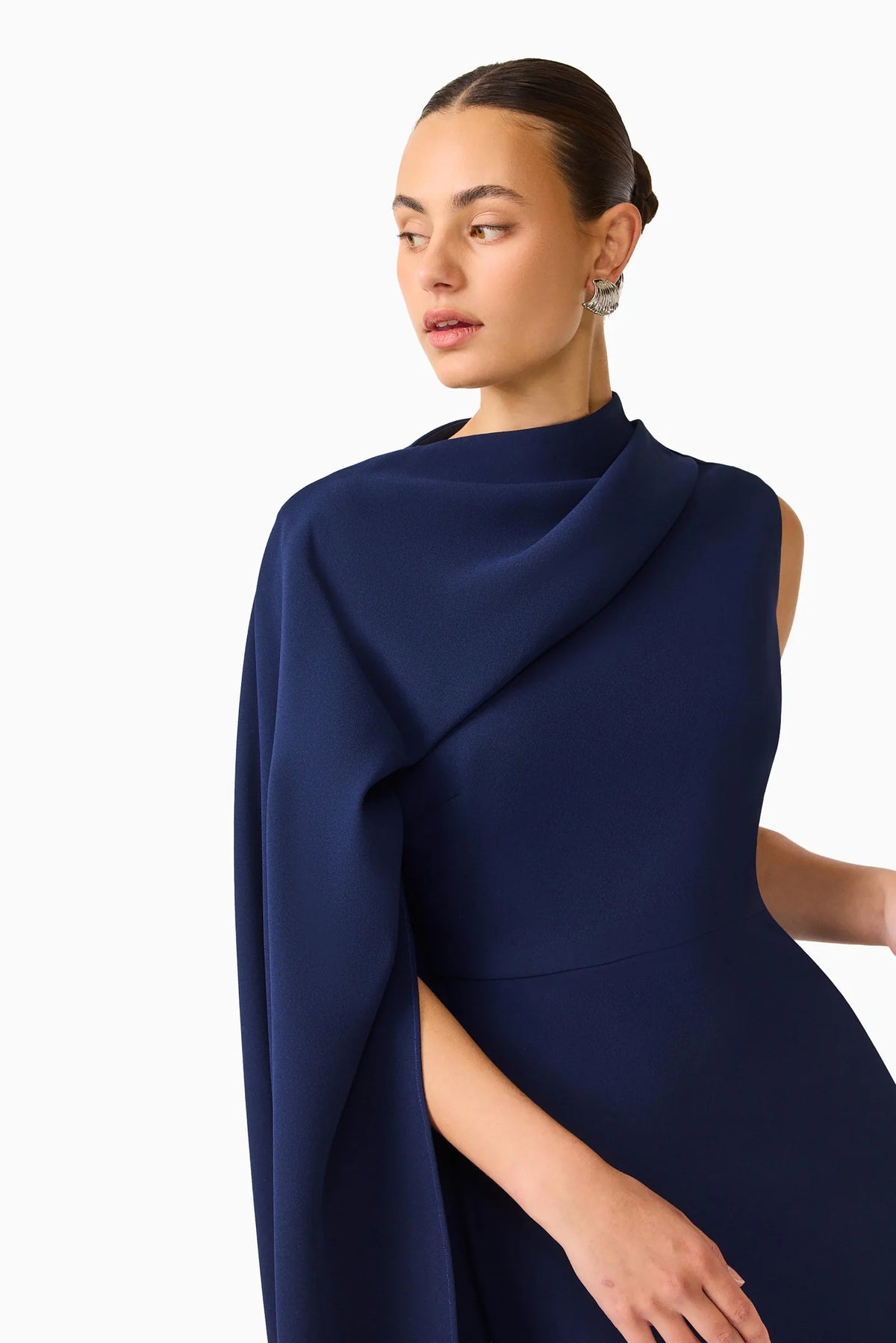 ELLIATT | Leonara Asymmetric Cape Maxi Dress in Deep Navy