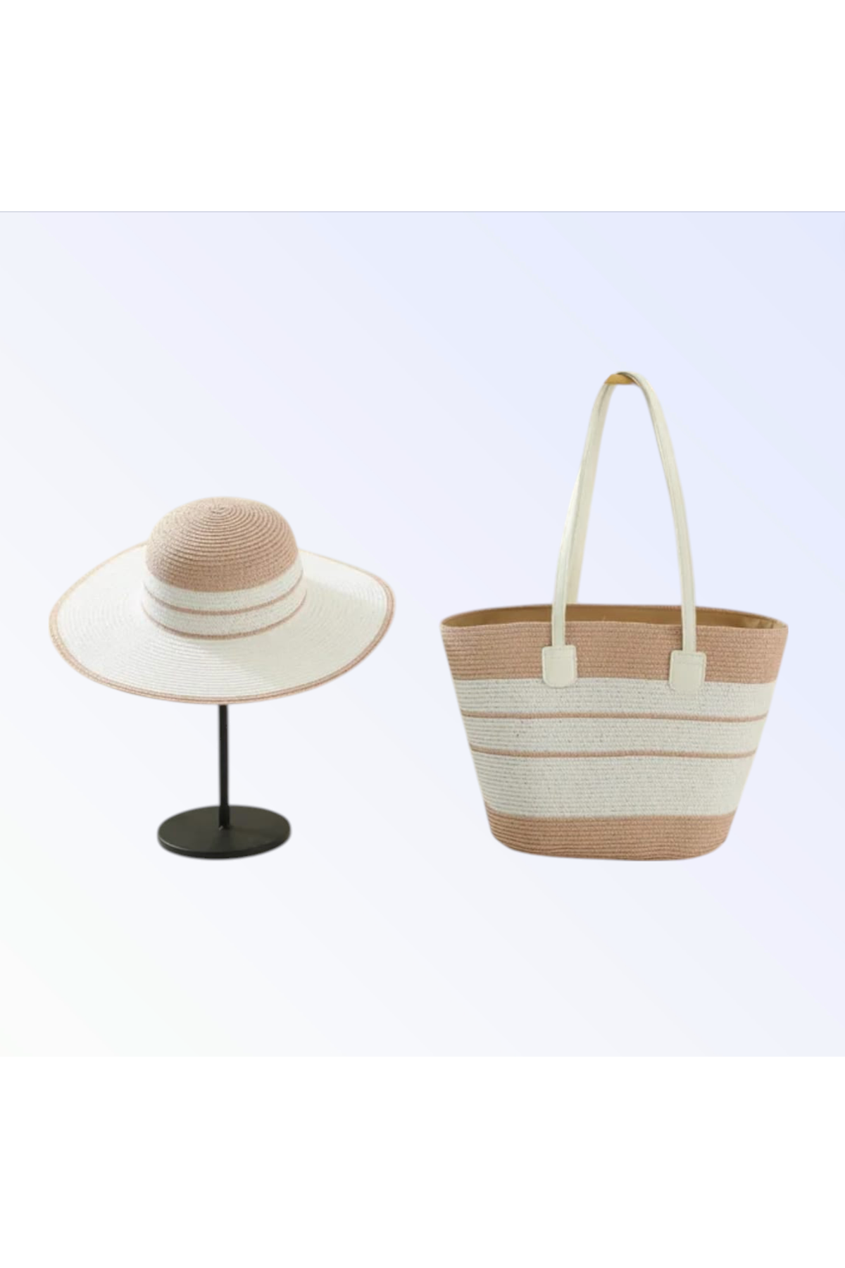 WOVEN TOTE BAG + HAT SET | Beige and White