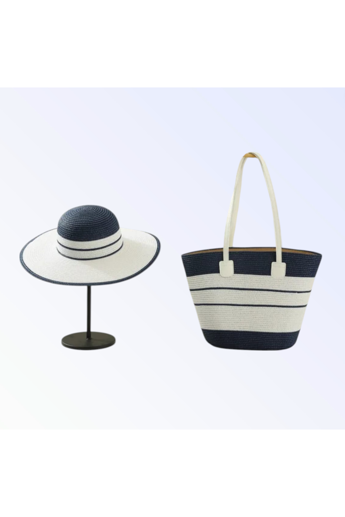 WOVEN TOTE BAG + HAT SET | Navy and White