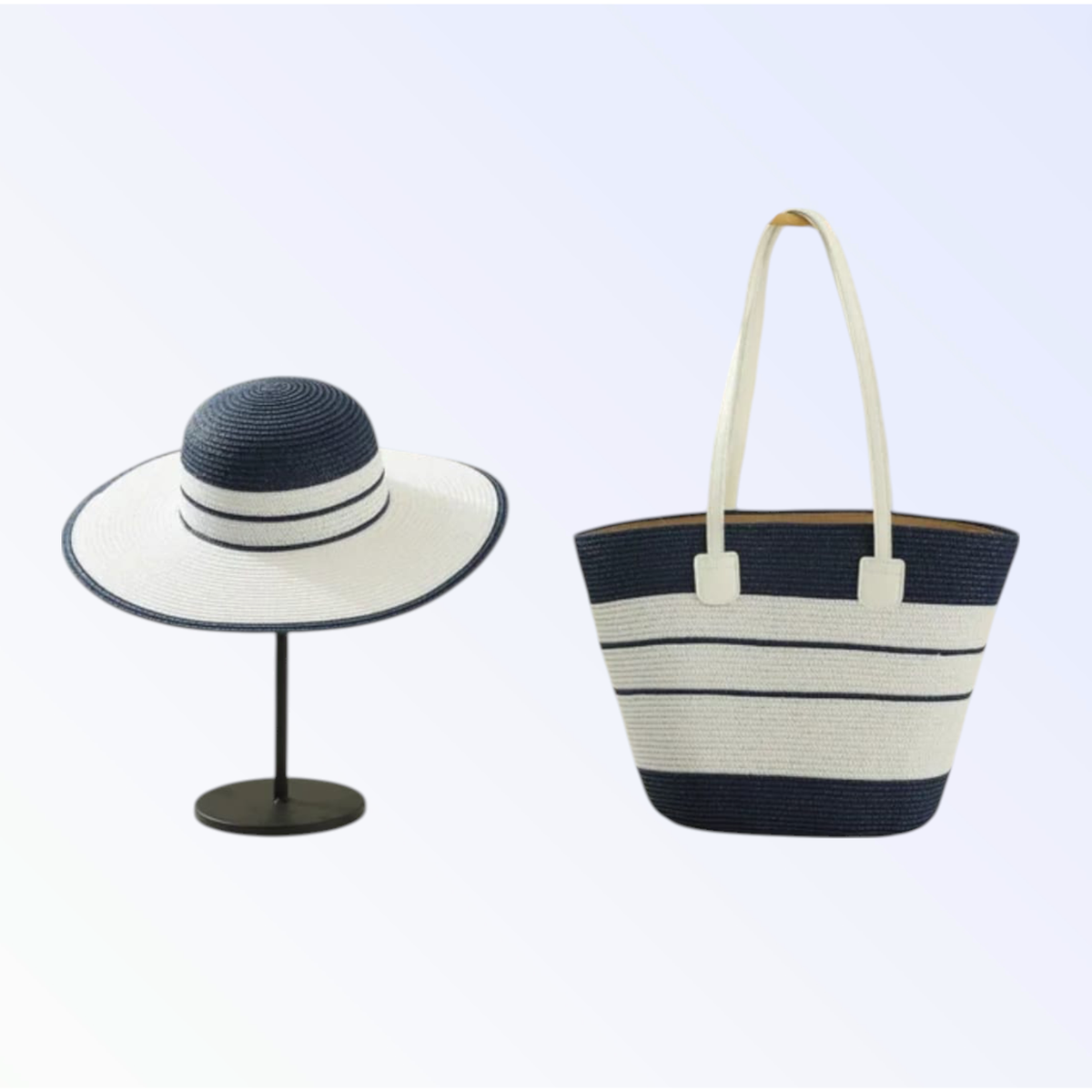 WOVEN TOTE BAG + HAT SET | Navy and White