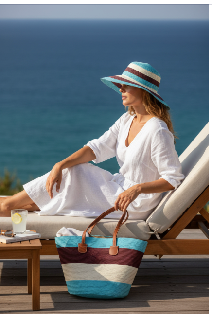 WOVEN TOTE BAG + HAT SET | Turquoise + Rasin