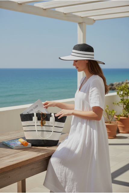 WOVEN TOTE BAG + HAT SET | Black + White
