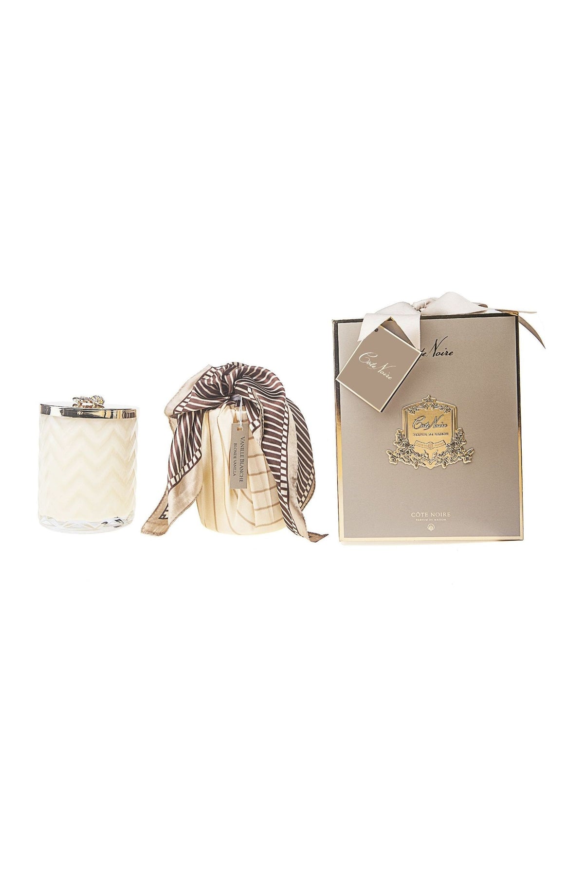 COTE NOIRE | HERRINGBONE CANDLE WITH SCARF BLOND VANILLA - CREAM & GOLDEN BEE LID