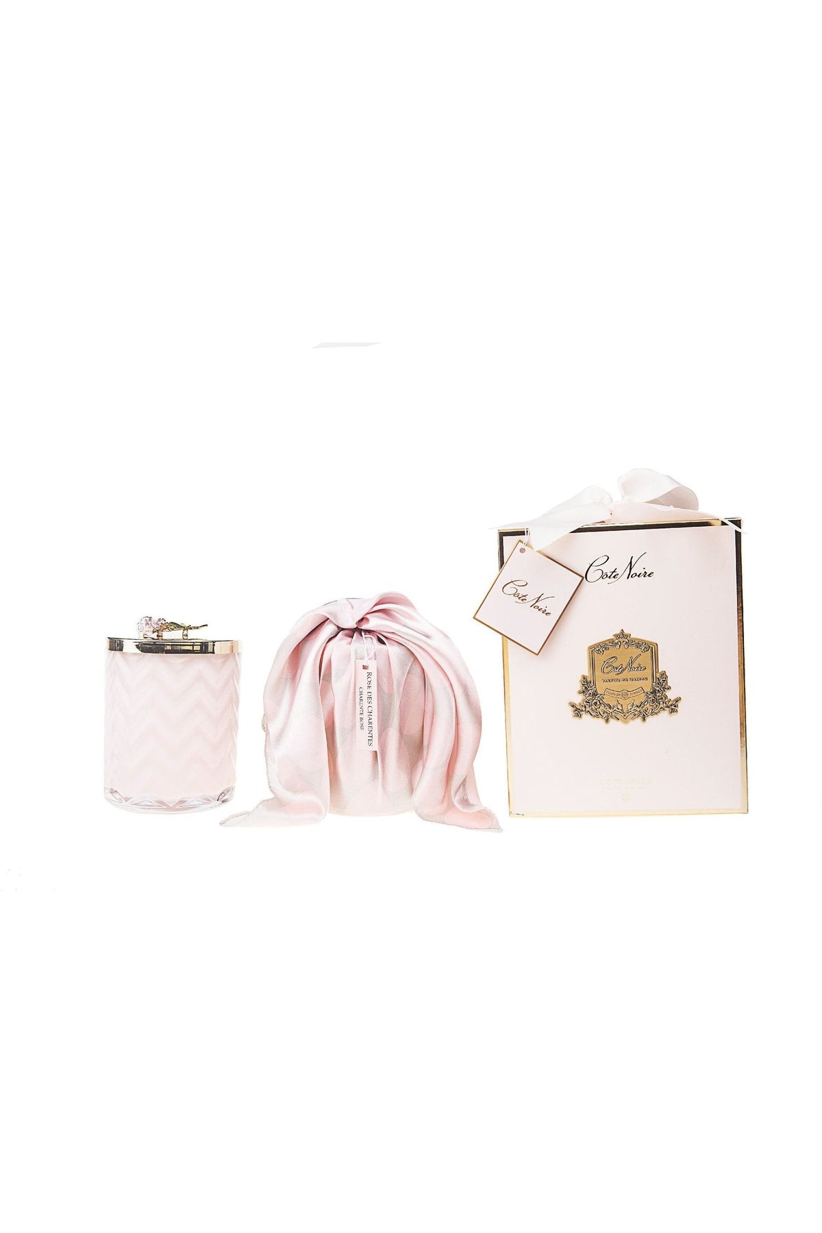 COTE NOIRE | HERRINGBONE CANDLE WITH SCARF - PINK - PINK ROSE LID