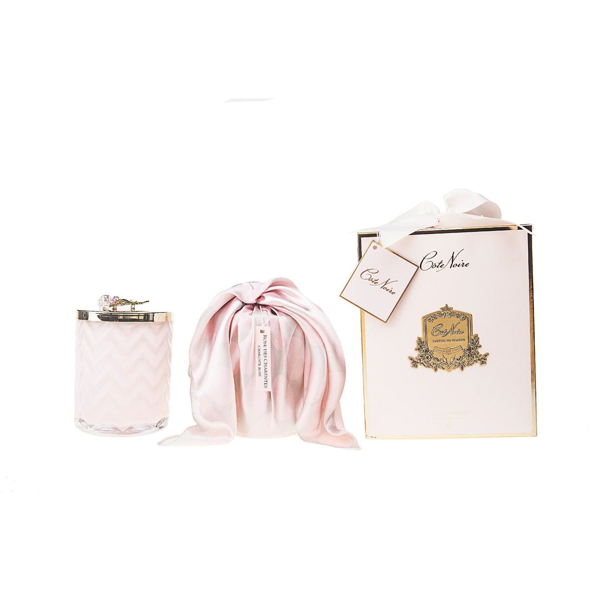 COTE NOIRE |HERRINGBONE CANDLE WITH SCARF - PINK - PINK ROSE LID