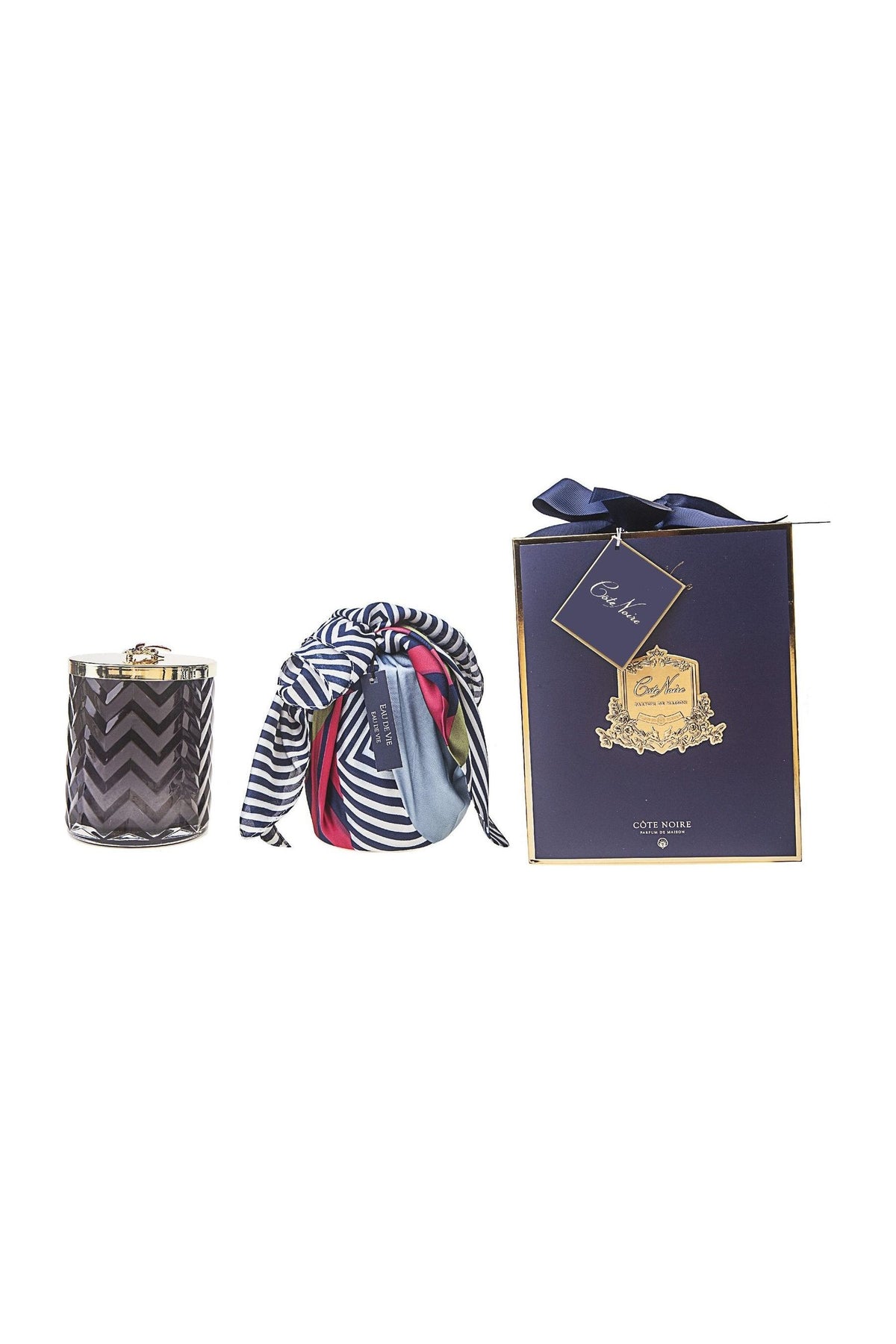 COTE NOIRE |HERRINGBONE CANDLE WITH SCARF EAU DE VIE- NAVY & DRAGONFLY LID