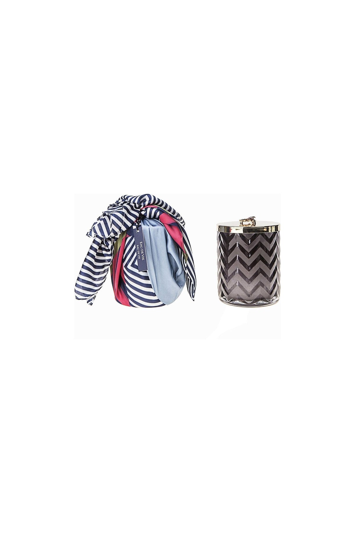 COTE NOIRE |HERRINGBONE CANDLE WITH SCARF EAU DE VIE- NAVY & DRAGONFLY LID