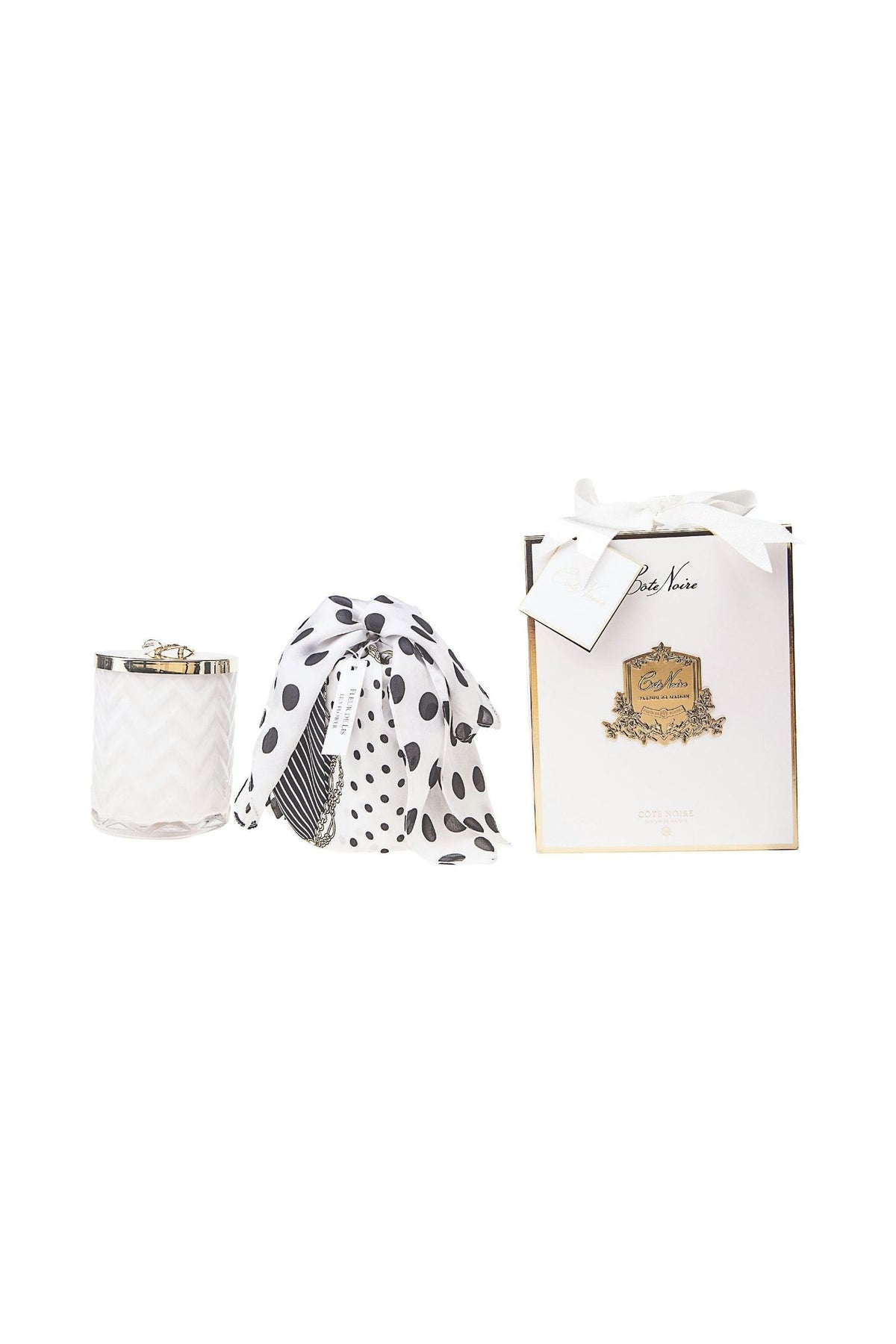 COTE NOIRE | HERRINGBONE CANDLE WITH SCARF - WHITE - LILLY FLOWER LID