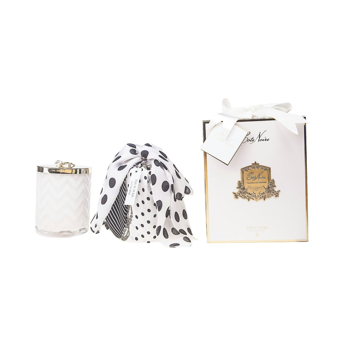 COTE NOIRE | HERRINGBONE CANDLE WITH SCARF - WHITE - LILLY FLOWER LID