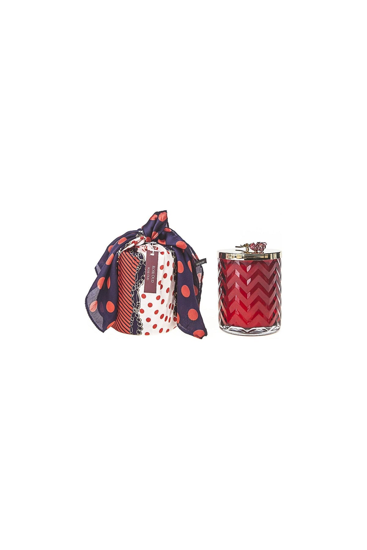 COTE NOIRE |HERRINGBONE CANDLE WITH SCARF ROSE OUD - RED & RED ROSE LID