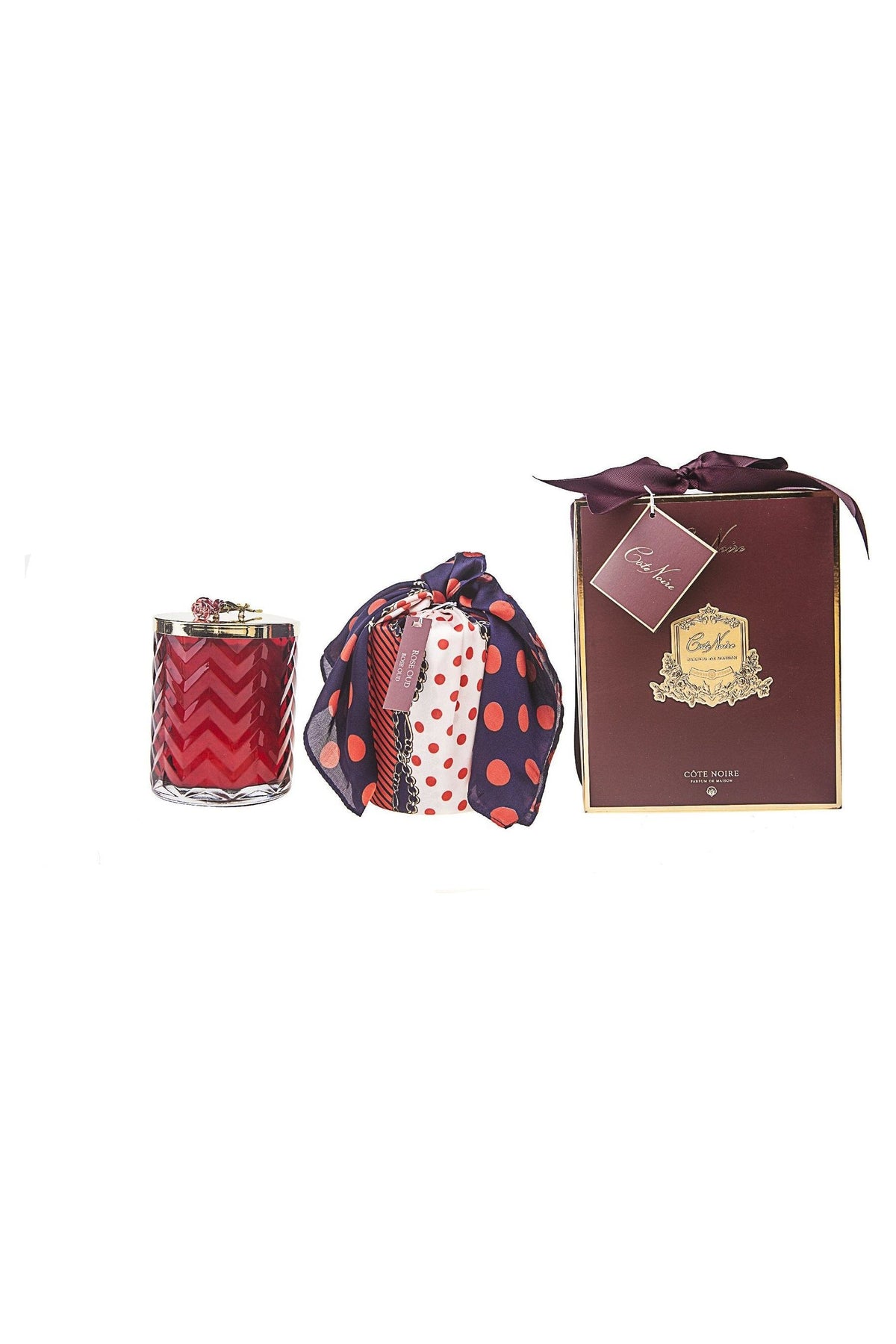 COTE NOIRE |HERRINGBONE CANDLE WITH SCARF ROSE OUD - RED & RED ROSE LID