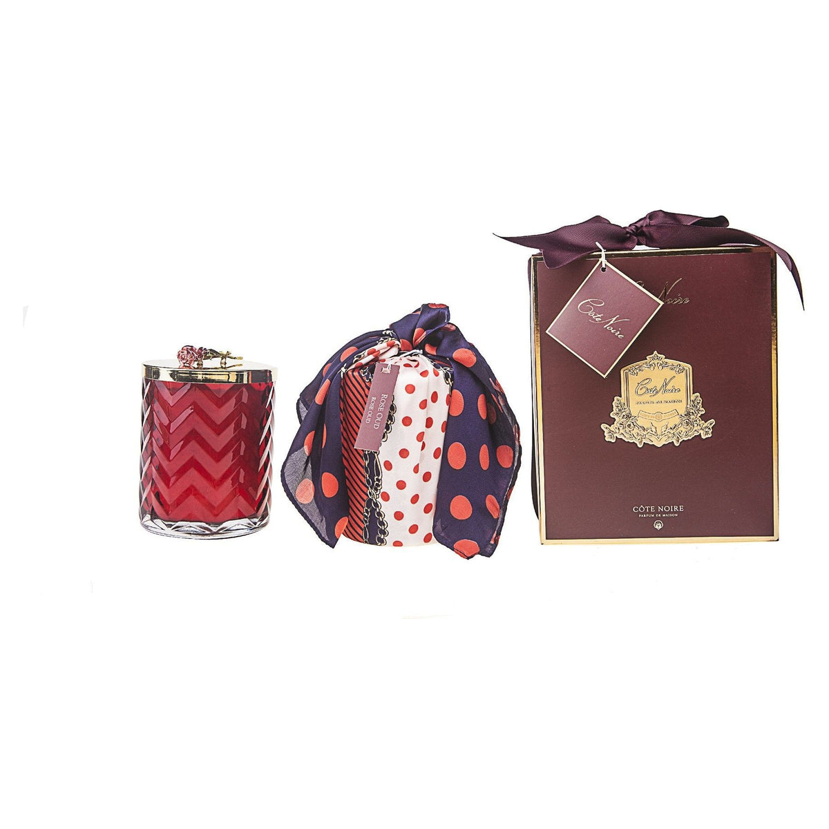 COTE NOIRE |HERRINGBONE CANDLE WITH SCARF ROSE OUD - RED & RED ROSE LID