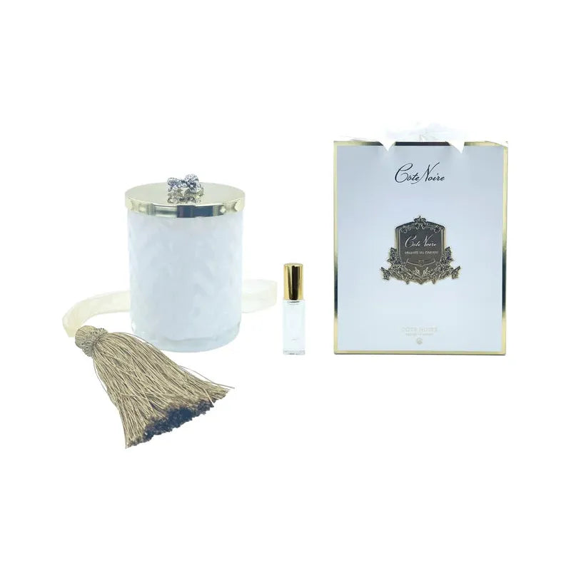 COTE NOIRE - XMAS BELL LID & WHITE HERRINGBONE CANDLE WITH TASSEL