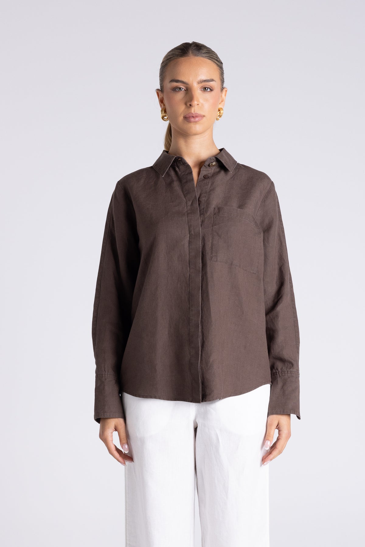 Two T's | Sofia Shirt with Gold Button - Chestnut