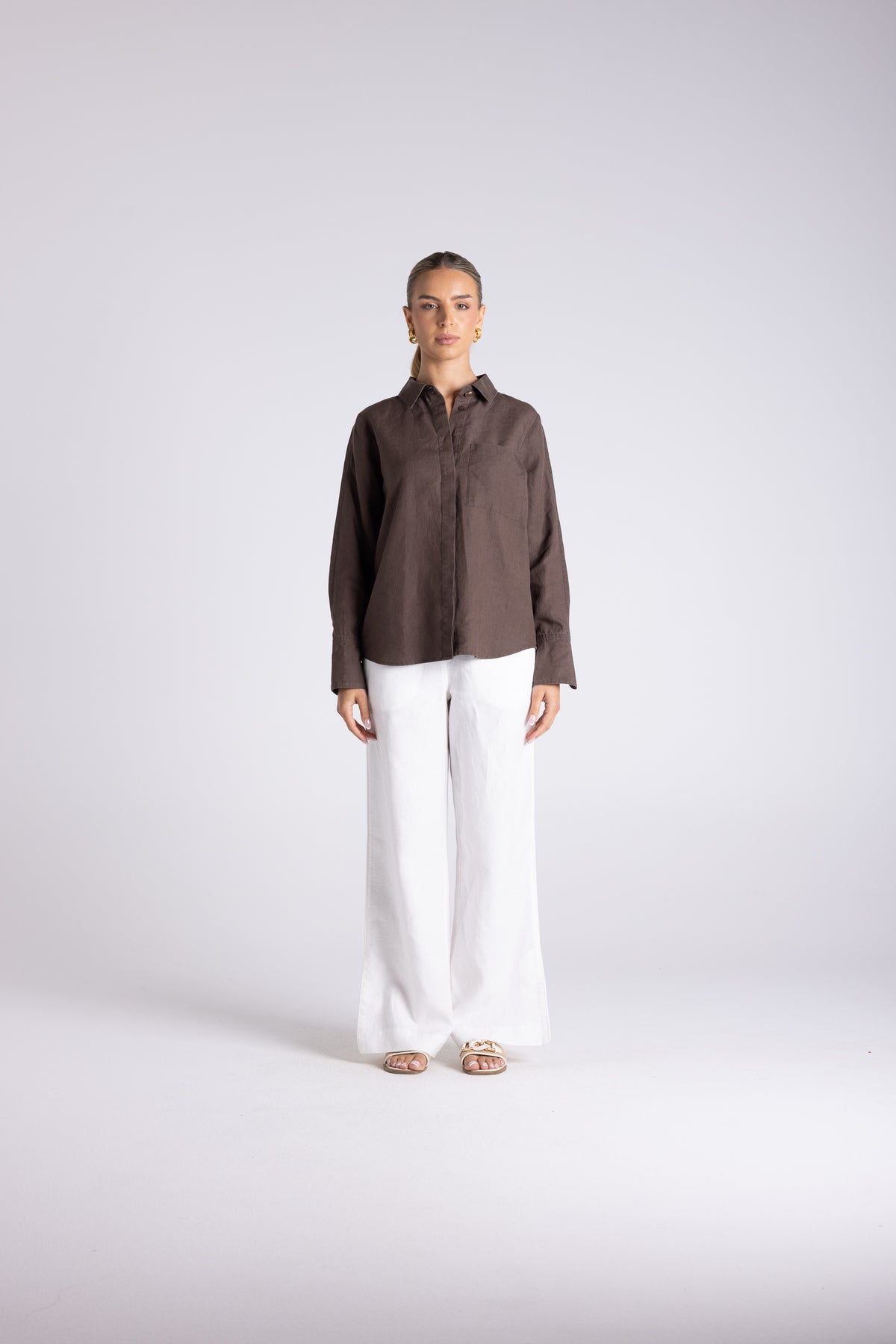 Two T's | Sofia Shirt with Gold Button - Chestnut