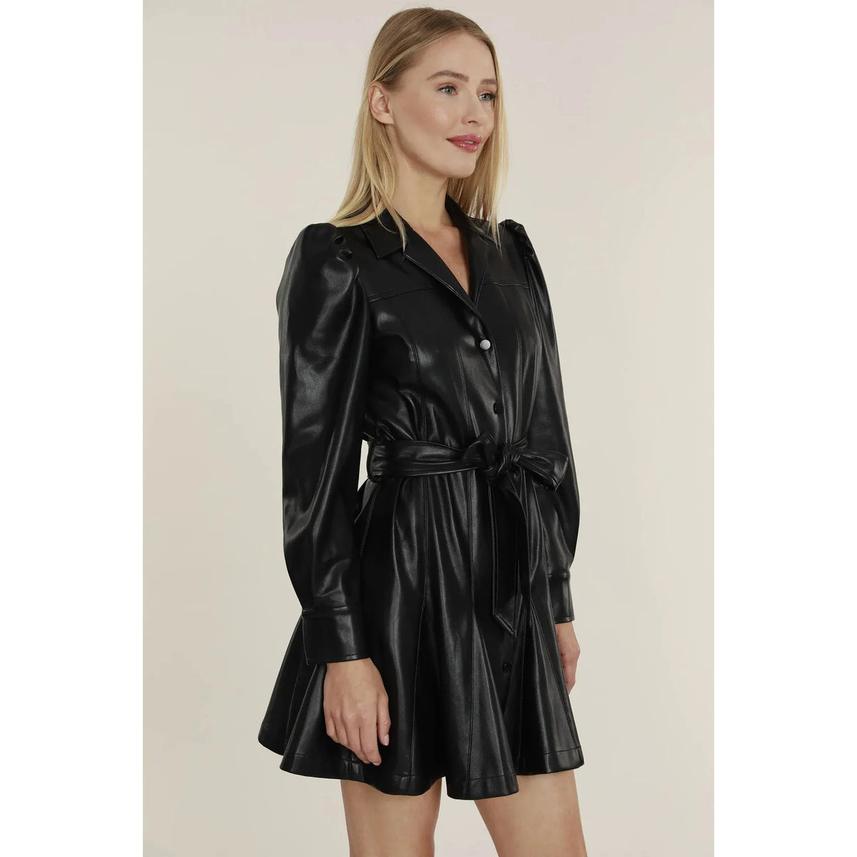 DOLCE CABO | Vegan Leather Puff Shoulder Belted Dress
