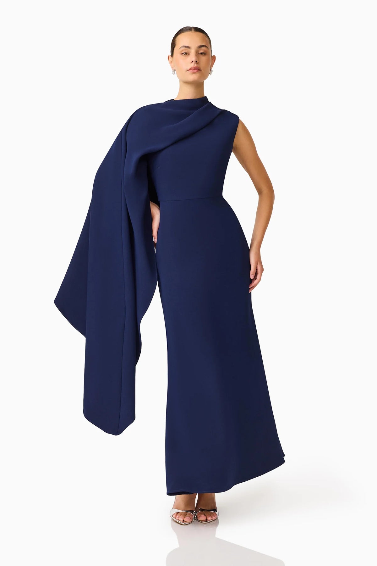 ELLIATT | Leonara Asymmetric Cape Maxi Dress in Deep Navy