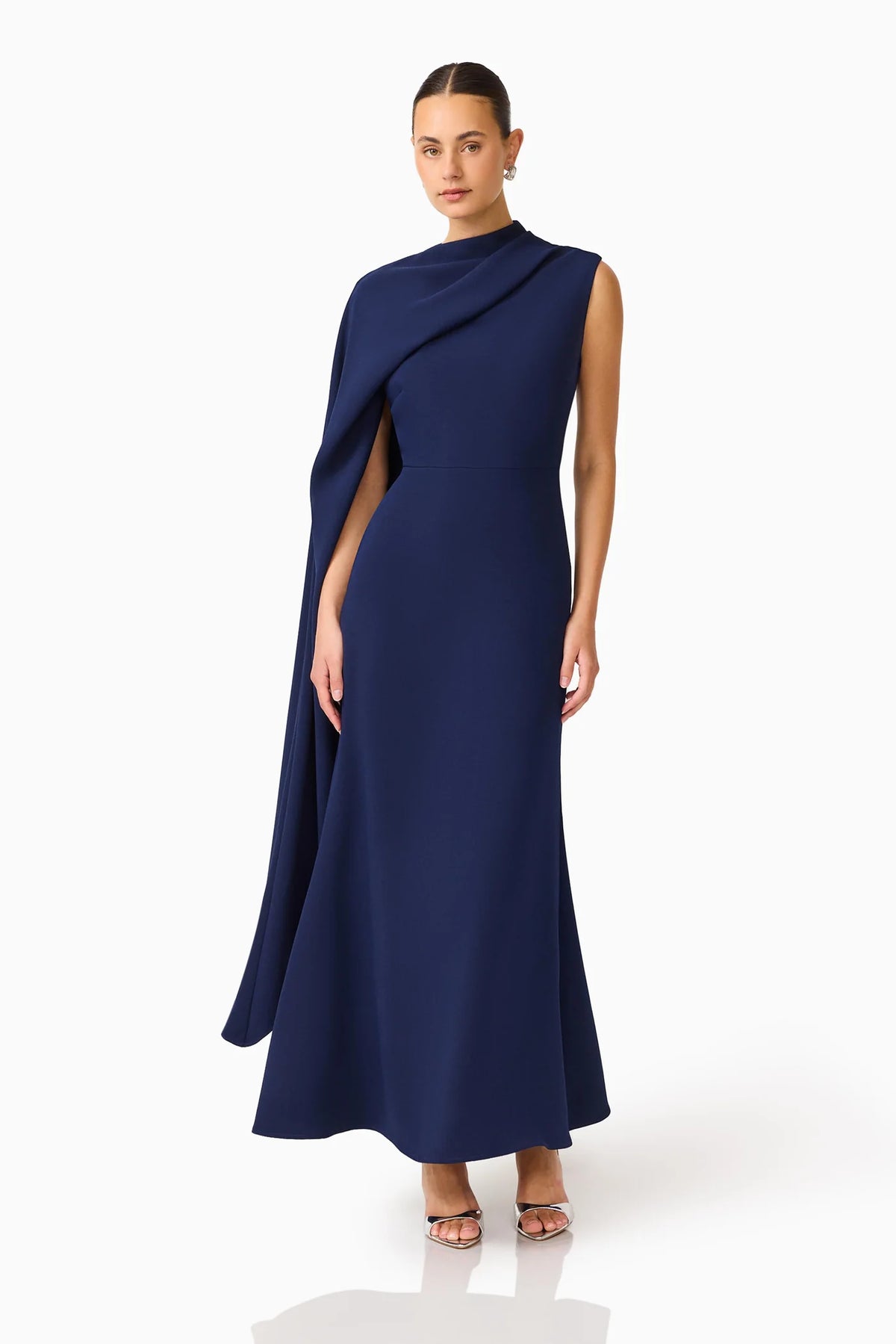 ELLIATT | Leonara Asymmetric Cape Maxi Dress in Deep Navy