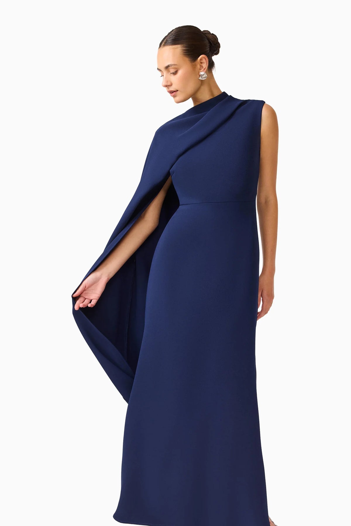 ELLIATT | Leonara Asymmetric Cape Maxi Dress in Deep Navy