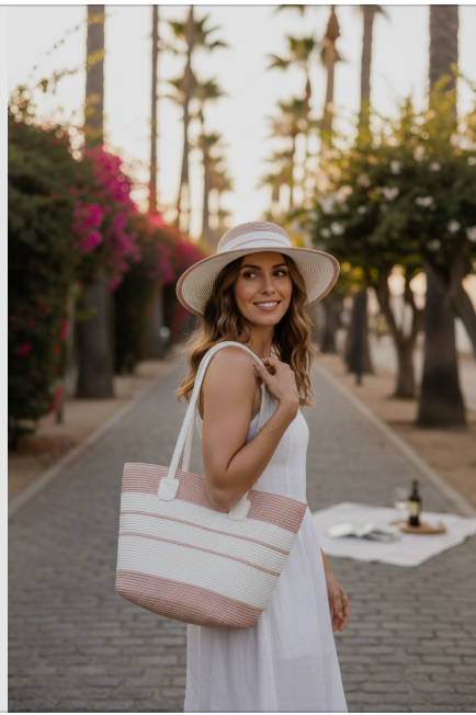 WOVEN TOTE BAG + HAT SET | Blush + White