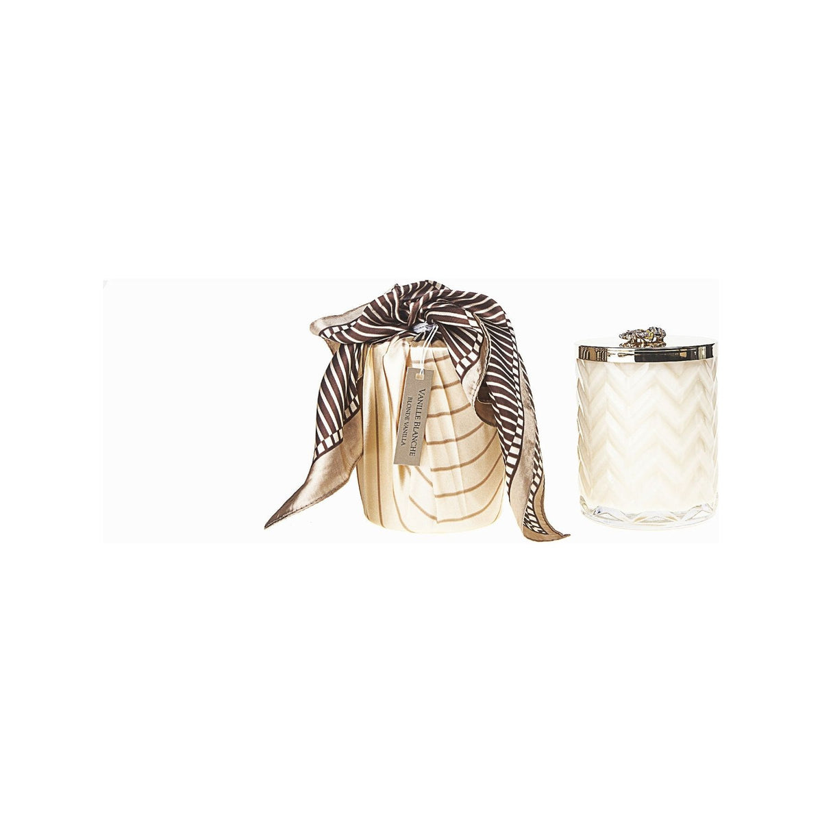 COTE NOIRE | HERRINGBONE CANDLE WITH SCARF BLOND VANILLA - CREAM &amp; GOLDEN BEE LID