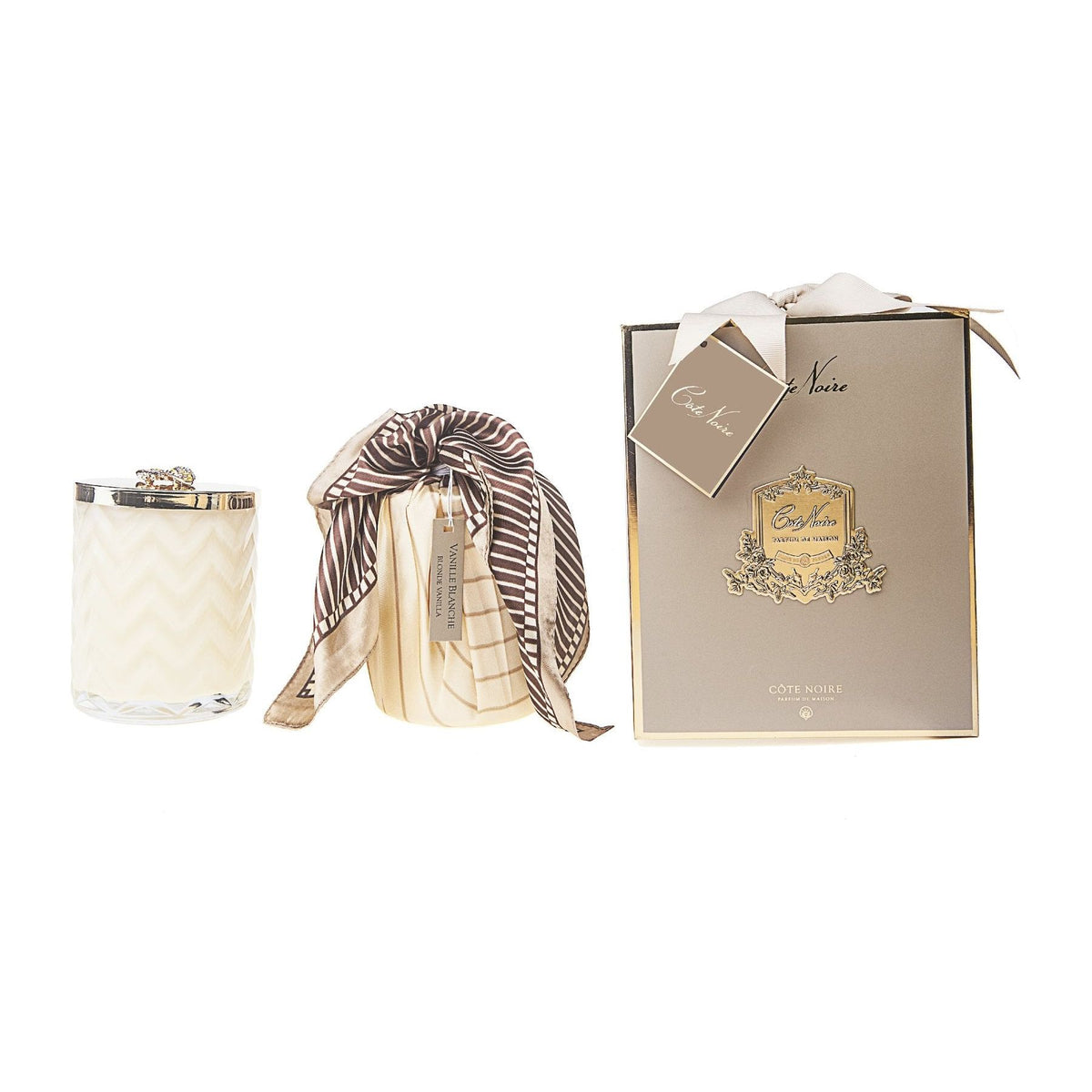 COTE NOIRE | HERRINGBONE CANDLE WITH SCARF BLOND VANILLA - CREAM &amp; GOLDEN BEE LID
