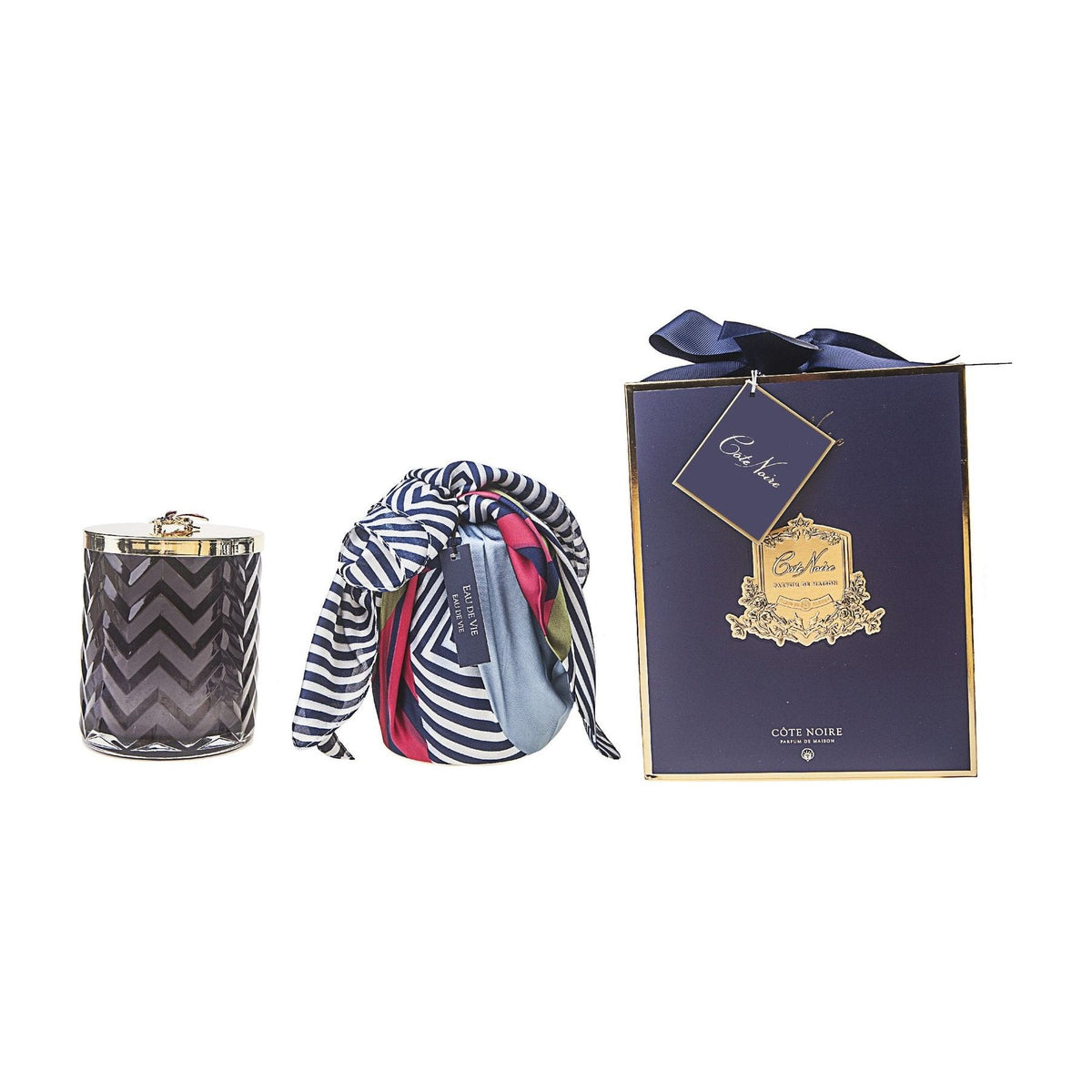 COTE NOIRE |HERRINGBONE CANDLE WITH SCARF EAU DE VIE- NAVY &amp; DRAGONFLY LID