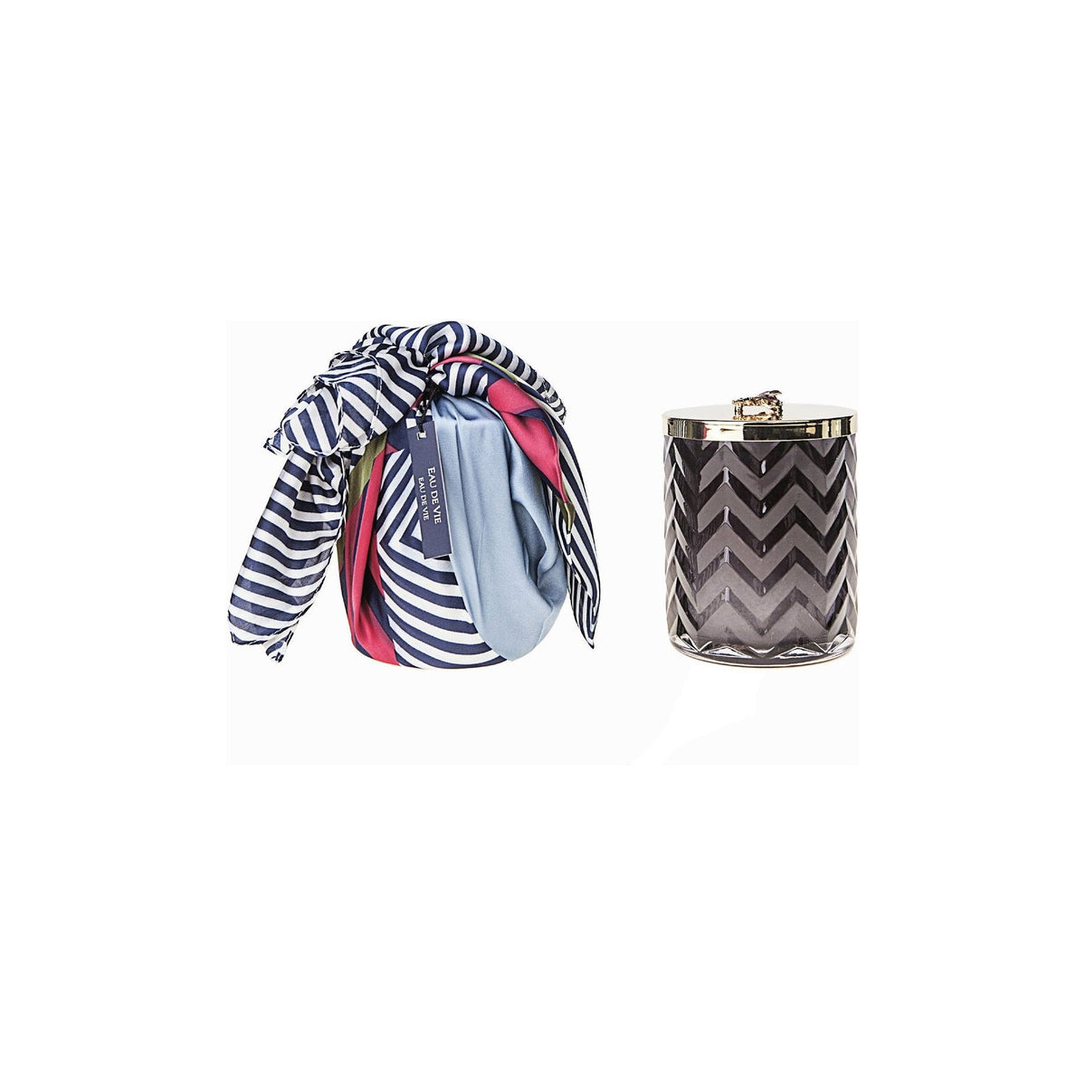COTE NOIRE |HERRINGBONE CANDLE WITH SCARF EAU DE VIE- NAVY &amp; DRAGONFLY LID