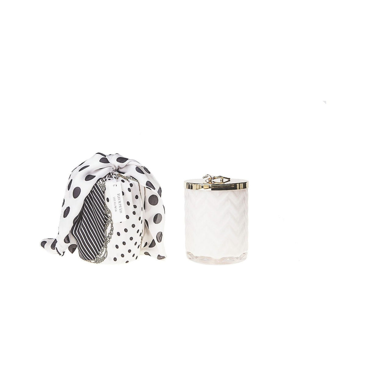 COTE NOIRE | HERRINGBONE CANDLE WITH SCARF - WHITE - LILLY FLOWER LID