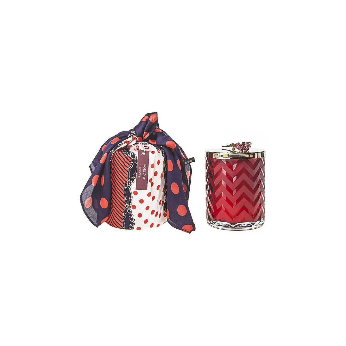 COTE NOIRE |HERRINGBONE CANDLE WITH SCARF ROSE OUD - RED &amp; RED ROSE LID